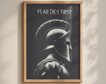 No Fear Spartan Warrior Stoic Poster, Brave Men Motivational Print, Minimalist Industrial Wall Art, Dark Grey Ancient Greek Sparta Courage