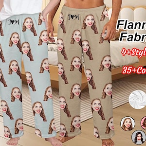 May include: Two pairs of pajama pants, one light blue and one tan, each covered in a repeating pattern of a smiling face. The text "J♡M" is at the top of the pants. The words "Flannel Fabric", "4+Styles", and "35+Colors" are also visible.