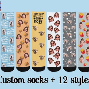 May include: A collection of custom socks with various designs. Styles include socks with dog faces, burger and face designs, sunglasses and face designs, dog paw prints, and french fries and face designs. The socks are labeled "Made in USA."