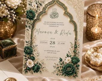 Luxus Smaragdgrün Islamische Hochzeitseinladung Vorlage Canva Bearbeitbar Nikah Einladung Muslimische Hochzeit Laden Gold Blumenkarte ein