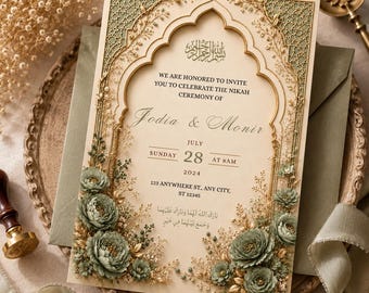 Plantilla de invitación de boda musulmana verde salvia de 5 x 7 pulgadas, elegante invitación Nikah dorada, tarjeta de boda islámica floral imprimible