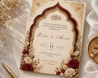 Editable Muslim Wedding Invitation Template 5x7, Islamic Nikah Invite, Burgundy Gold Floral Canva Wedding Invitation, Instant Download
