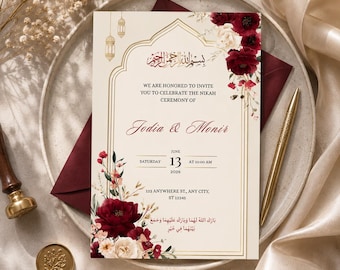Islamic Wedding Invitation Editable Canva Template, Burgundy Gold Nikah Invite, Elegant Muslim Wedding Invitation