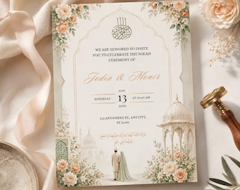 Luxury Islamic Wedding Invitation Canva Template, Elegant Sage Green Muslim Nikah Invitation Download