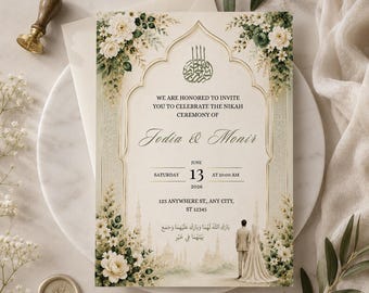 Plantilla editable de invitación de boda islámica en Canva / Invitación de boda musulmana Nikah / Invitación de boda floral verde salvia / Descarga instantánea