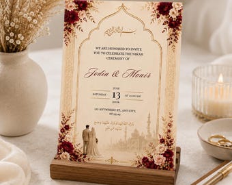 Islamic Wedding Invitation Editable Canva Template, Burgundy Gold Muslim Nikah Invite, Digital Wedding Download