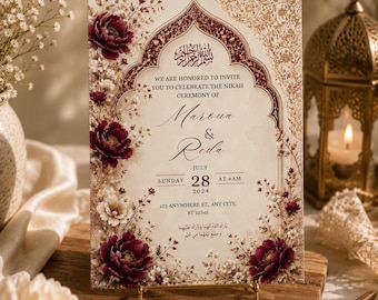 May include: A rectangular wedding invitation card featuring a central archway design, deep burgundy and cream floral accents, and gold filigree patterns. The text reads: We are honoured to invite you to celebrate the Nikah ceremony of Maroua & Reda, July 28, 2024.