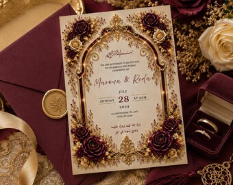 Plantilla de invitación de boda islámica de lujo color burdeos y oro, editable en Canva, invitación de boda musulmana con arco floral.