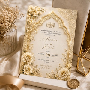 May include: A rectangular wedding invitation card featuring a gold arched frame, cream-colored floral illustrations, and black text. The card reads: We are honored to invite you to celebrate the Nikah ceremony of Maroua & Reda, Sunday, July 28, 2024.