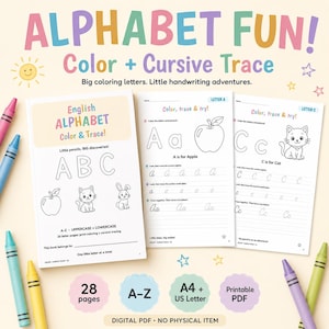 Könnte beinhalten: Ein digitales PDF-Arbeitsbuch mit dem Titel ALPHABET FUN! Color + Cursive Trace mit 28 Seiten zum Ausmalen und Üben der Handschrift. Das Cover und die Innenseiten zeigen Groß- und Kleinbuchstaben, einen Apfel, eine Katze und ein Kaninchen.