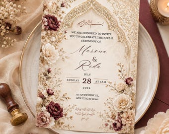 Bearbeitbare Canva Islamische Hochzeitseinladungsvorlage 5x7, Burgunderfarbene Blumenmuslimische Hochzeitseinladung, Gold Nikah-Einladung, druckbare Hochzeitskarte