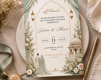 Plantilla editable de Canva para invitación de boda islámica, invitación musulmana Nikah verde salvia, descarga digital para bodas.