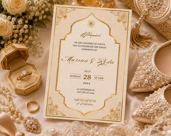 Editable Nikah Invitation Template, Gold Islamic Wedding Invite, Elegant Muslim Wedding Canva Template, 5x7 Digital Download