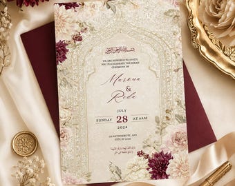 Editable Islamic Nikah Wedding Invitation Template, Burgundy Floral Muslim Wedding Invite, Gold Arch Canva Template, Instant Download