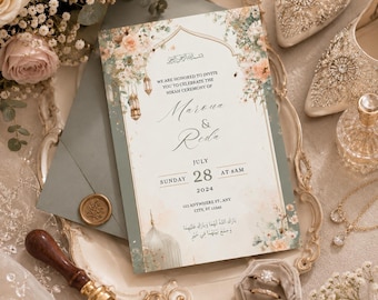Plantilla de invitación de boda islámica de lujo en verde salvia, editable en Canva, invitación de boda musulmana Nikah, tarjeta floral dorada