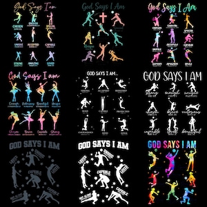 Puede incluir: Nueve diseños gráficos sobre un fondo negro, cada uno con la frase "God Says I Am". Los diseños incluyen siluetas de personas en varias poses, junto con palabras como "Chosen", "Unique" y "Loved", en una variedad de colores.