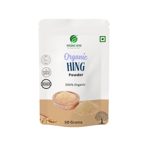 May include: A white pouch of Organic Hing Powder, with text and illustrations. The label reads "Organic Hing Powder" and "100% Organic". The pouch contains 50 grams of powder. The image also includes a wooden bowl with powder.