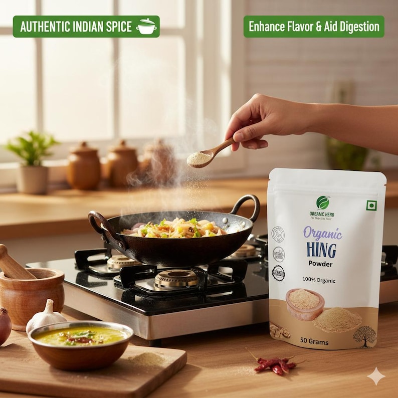 May include: A kitchen scene showing a black pan on a gas hob with food being seasoned. A white packet of "Organic Hing Powder" is visible, with the text "Authentic Indian Spice" and "Enhance Flavor & Aid Digestion". The packet contains 50 grams of powder.