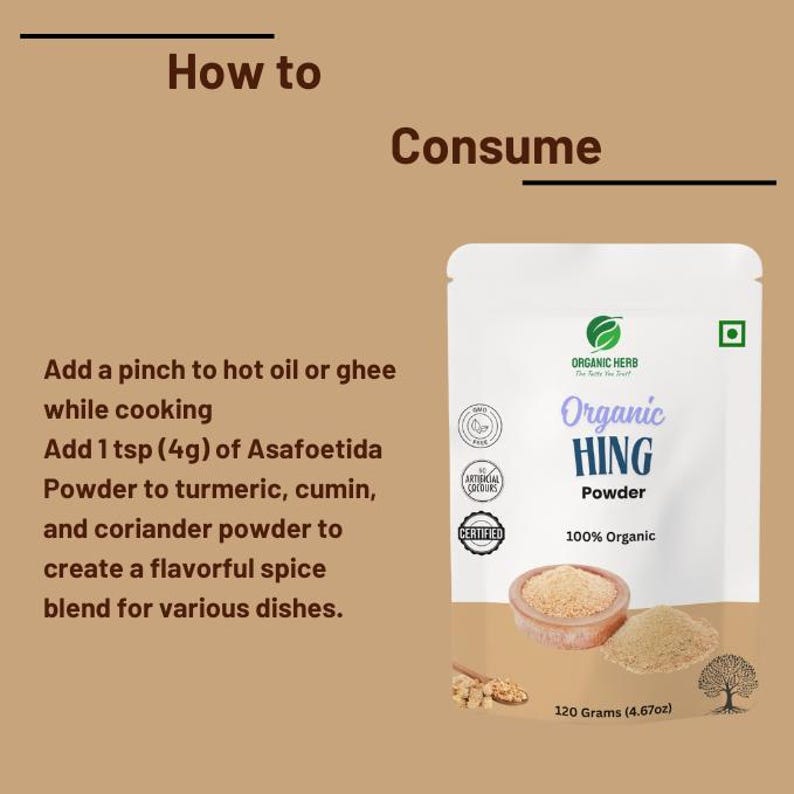 May include: A white pouch of Organic Hing Powder with a green logo and the text "Organic Hing Powder". The image includes instructions for use, a bowl of powder, and a tree illustration. The pouch contains 120 grams (4.67oz) of product.