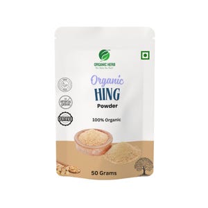 May include: A white packet of Organic Hing Powder, with the text "Organic Hing Powder" in purple and the words "100% Organic". The packet contains a wooden bowl and a pile of the powder. The packet is labeled "50 Grams".