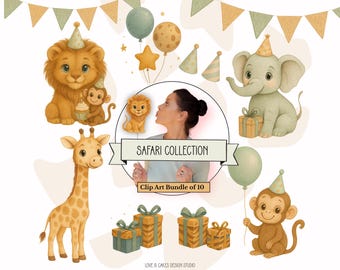 Safari Clipart PNG Bundle | Jungle Birthday Party Graphics | Instant Download Digital PNG Images for Wild One Invitations & Party Decor SAFR