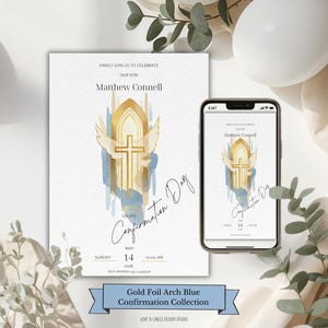 May include: A white invitation and a smartphone display a gold foil design with a cross and wings, accented with blue watercolor. The invitation reads "Matthew Connell" and "Confirmation Day."