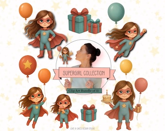 Super Girl Clipart PNG Bundle | Superhero party Graphics | Instant Download Digital PNG Images for Girl Hero Invitations & Party Decor SGRL