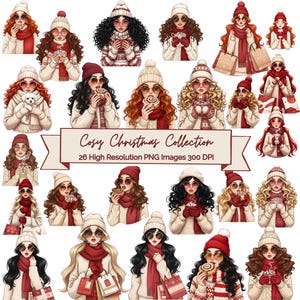 May include: A digital art collection featuring illustrations of women in winter attire. Each woman is wearing a hat, scarf, and coat, and holding items like coffee, shopping bags, or pastries. The text reads "Cosy Christmas Collection".