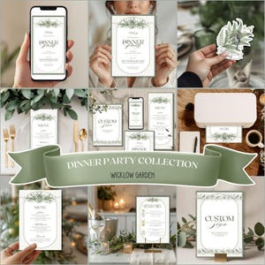May include: A collection of stationery items for a dinner party, including invitations, menus, and custom signs. The designs feature a botanical theme with green foliage and elegant typography. The words "Dinner Party Collection" and "Wicklow Garden" are displayed on a banner.