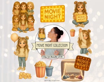 Movie Night Clipart PNG Bundle | Cinema Birthday Graphics | Instant Download Digital PNG Images for Movie Party Invitations & Decor MOVN