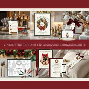 May include: A Christmas-themed suite featuring a variety of stationery items. The suite includes invitations, place cards, and a welcome sign, all adorned with festive designs, including a wreath and a nutcracker. The suite is customizable and perfect for holiday celebrations.