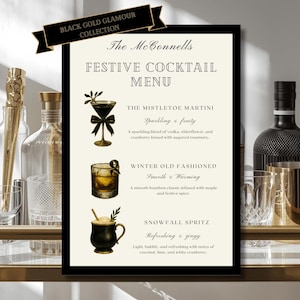 May include: A festive cocktail menu with the text "The McConnells" and "Festive Cocktail Menu." The menu features illustrations of cocktails: The Mistletoe Martini, Winter Old Fashioned, and Snowfall Spritz. The menu is on a gold bar cart with bottles and glasses.