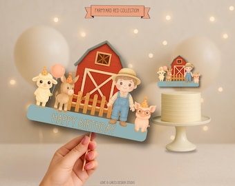 Puede incluir: Adorno para tarta con temática de granja con un granero rojo, un granjero y animales. El adorno dice "Feliz Cumpleaños" e incluye un cerdo con gafas. Una tarta está sobre un soporte blanco.