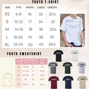 May include: A chart detailing youth t-shirt and sweatshirt sizes. The t-shirt sizes range from XS to XL, with measurements for width, chest, and length in inches. The sweatshirt chart includes length and chest measurements in inches, along with color options.