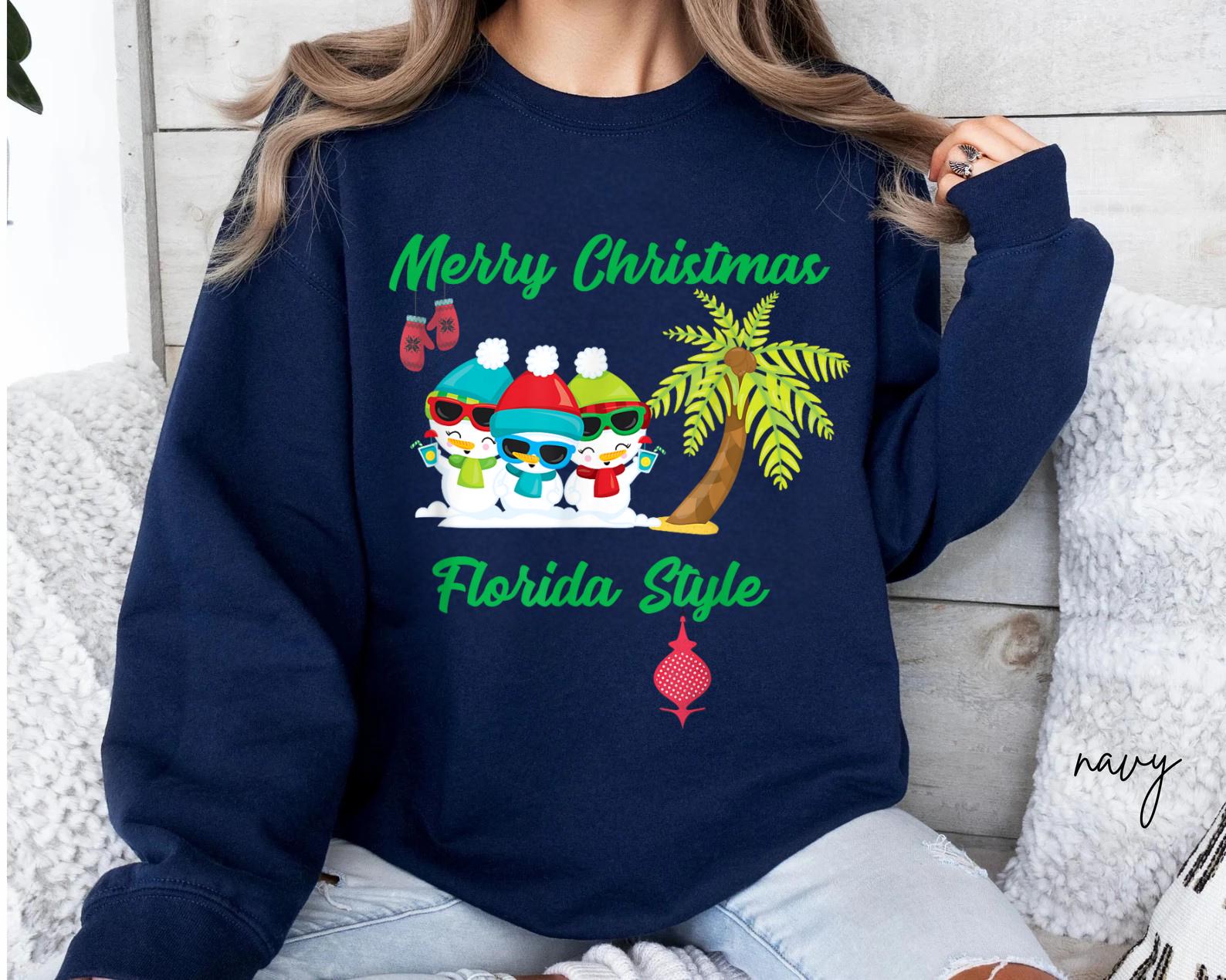 Florida Style Merry Christmas Summer Snowman Beach Holiday Tee, image size:1588x1270