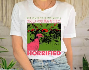 Vintage Horrified Pigeon Graphic Tee - Retro Bird Design