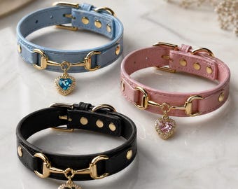 Collar de cuero para perro con dije de corazón: collar para cachorro y gatito con herrajes dorados