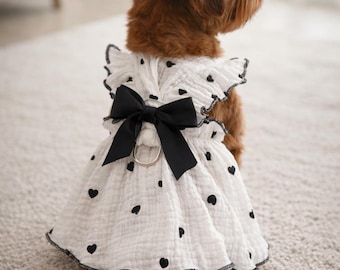 Small Dog Dress, Heart Print Outfit, Black Bow Detail, Puppy Clothes, Pet Apparel