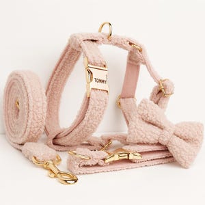 Personalized Pink Dog Collar, Harness and Leash Set – Engraved Name & Phone on Buckle, XS–XL, Gold/Rose Gold/Silver/Black, Bow Tie Option