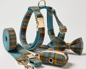 Arnés para perro a cuadros: estilo vintage turquesa con pajarita y soporte para bolsas de caca