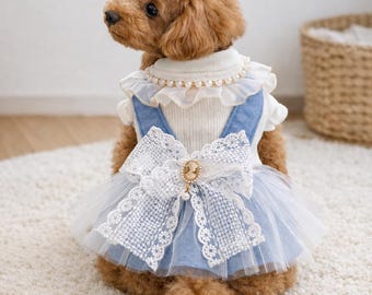 Blue Lace Dog Dress with Bow, Small Dog Princess Tutu, Puppy Outfit, Pet Apparel