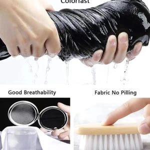 May include: Image showcasing fabric properties. A hand wrings out black fabric, with water droplets visible. Text reads "Colorfast", "Good Breathability", and "Fabric No Pilling". Additional images show a compact mirror and a brush.