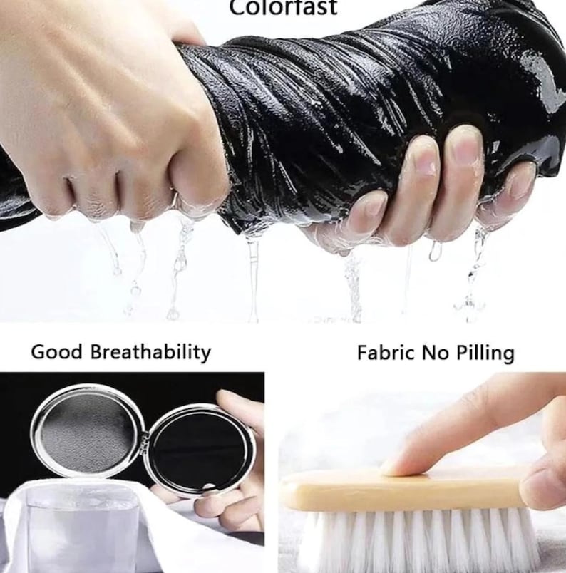 May include: Image showcasing fabric properties. A hand wrings out black fabric, with water droplets visible. Text reads "Colorfast", "Good Breathability", and "Fabric No Pilling". Additional images show a compact mirror and a brush.