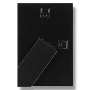 May include: The back of a black picture frame with a built-in easel and two metal hanging clips. The easel is angled to allow the frame to stand upright. The frame is rectangular and has a smooth, matte finish.