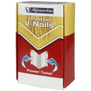 Puede incluir: Una caja rectangular de clavos en V universales, con un diseño rojo, amarillo y blanco. La caja muestra la marca "Alfamacchine" y el nombre del producto "Universal V-Nails". Las palabras "Power Twist" también son visibles.