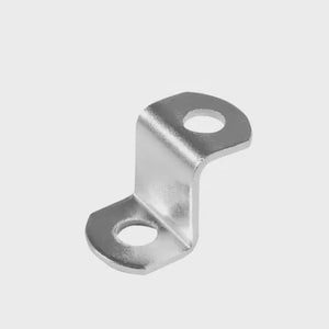 May include: A silver metal L-shaped bracket with two holes. The bracket is designed for structural support and has a curved section connecting the two ends. The holes are for mounting.