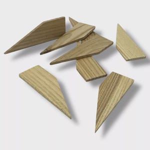 Peut inclure: Un ensemble de pièces de puzzle en bois brun clair, chacune de forme triangulaire unique. Les pièces sont dispersées, mettant en valeur leurs motifs de grain et textures individuels. Les pièces semblent être en bois naturel.