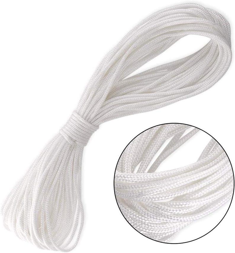 May include: A bundle of white nylon cord, tightly wound and secured. A close-up inset shows the detailed texture of the individual strands. This versatile cord is suitable for various crafting and DIY projects.