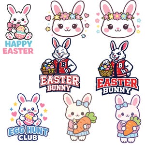 Paquete de imágenes prediseñadas de conejo de Pascua, búsqueda de huevos de primavera retro PNG (descarga digital)