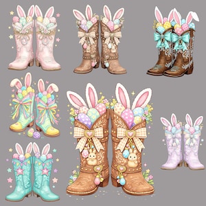 Puede incluir: Una colección de botas de vaquero coloridas con temática de Pascua. Cada par presenta orejas de conejo, huevos decorados y lazos. Las botas son de varios colores, incluyendo rosa, marrón, turquesa y tonos pastel, con detalles de estrellas y flores.